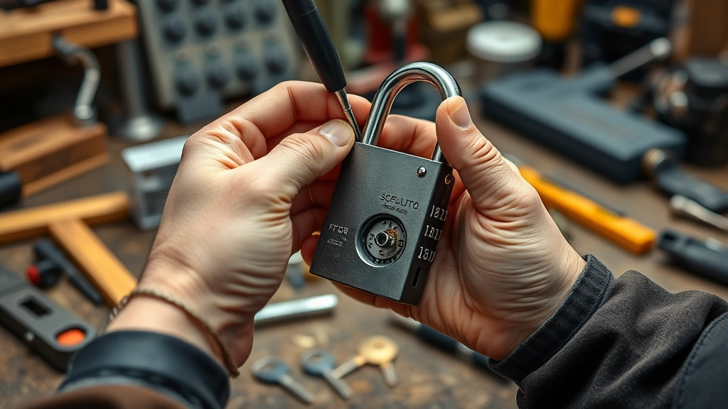 Mechanic's hands using a screwdriver to access the reset mechanism on the back of a combination padlock, workbench with tools visible, focused lighting on the lock detail, construction workshop setting
