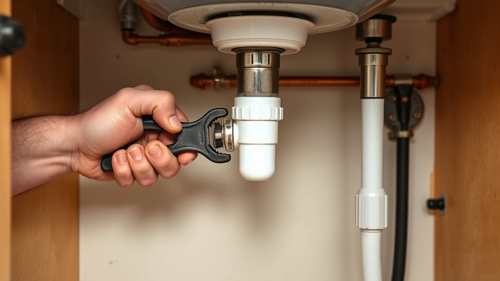 Professional plumber's hands using basin wrench to remove old faucet from under sink cabinet, showing proper tool grip and tight workspace with copper supply lines visible