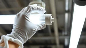 Close-up of hand wearing white cotton glove installing a T8 fluorescent tube into ceiling fixture socket, showing proper pin alignment and rotation technique in bright workshop lighting