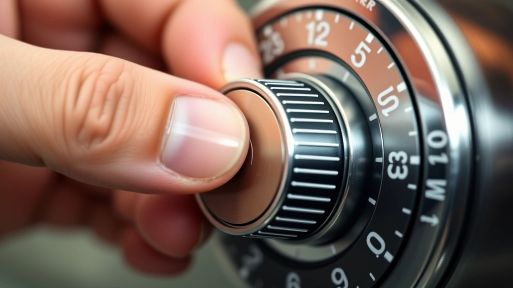 Close-up of hand adjusting dial combination lock mechanism with visible numbers and tumblers, professional locksmith-style photography
