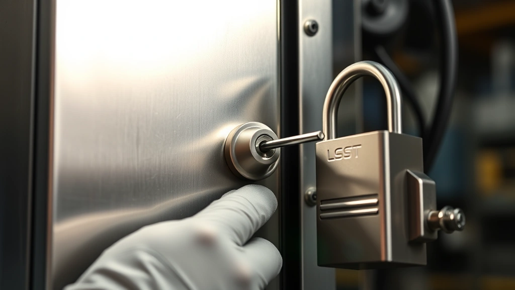 Technician using small screwdriver to access reset button on stainless steel padlock during maintenance, bright workshop lighting