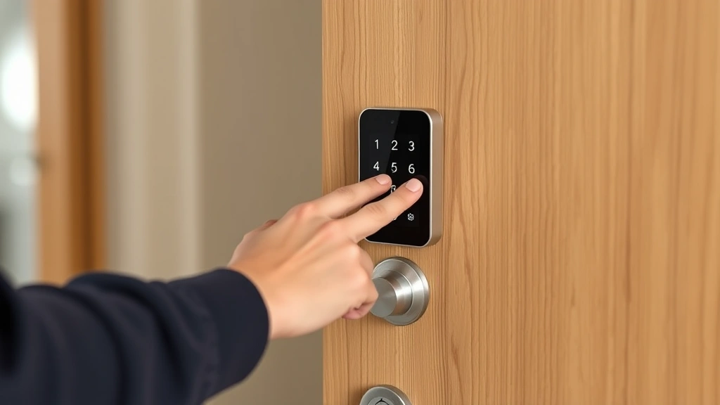 Person entering code on digital electronic keypad lock mounted on wooden door frame, modern smart lock installation example