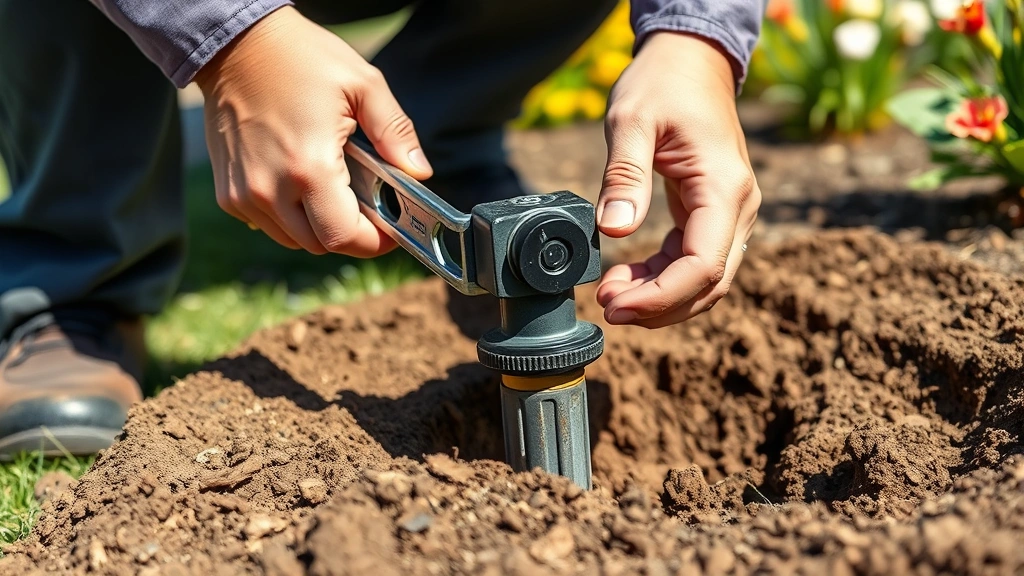 Close-up photo of a professional removing a pop-up sprinkler head from underground soil, showing hands gripping the head with wrench tool, dirt excavated around the connection point, sunny garden background