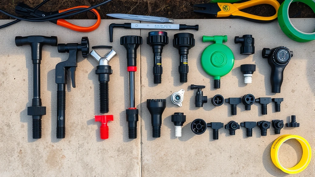 Overhead view of various sprinkler head types displayed side-by-side including spray heads, rotary heads, and nozzles on a work surface with garden tools and Teflon tape, natural daylight