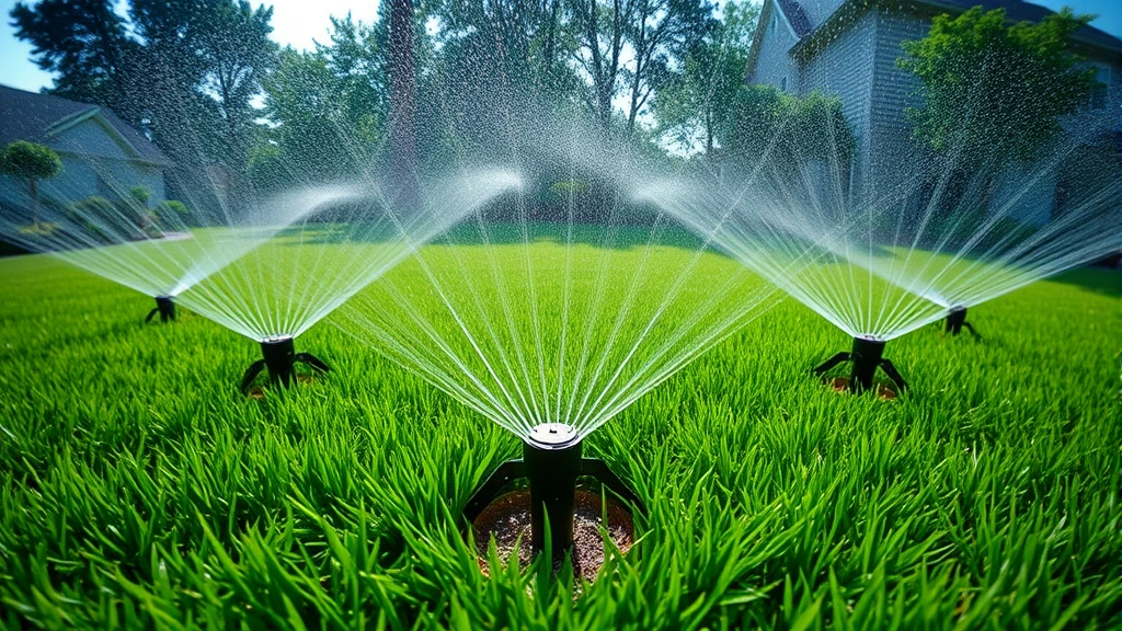 Wide-angle photograph of a residential lawn with multiple sprinkler heads installed at ground level during active watering cycle, showing different spray patterns and coverage areas across green grass