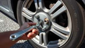 Close-up of a mechanic's hands removing lug nuts from a car wheel using a four-way lug wrench, wheel partially visible against asphalt parking lot, daylight
