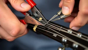 Close-up of hands using wire cutters to trim excess guitar string from the tuning peg on an acoustic guitar headstock, showing proper technique and clean cut