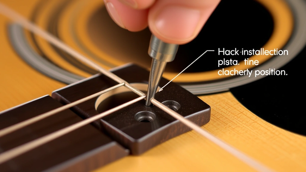 Detailed view of a bridge pin being inserted into an acoustic guitar bridge hole with a string properly seated, demonstrating correct installation position