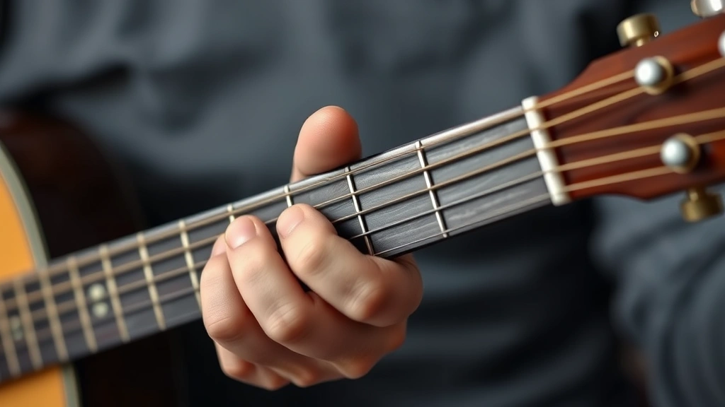 Professional photograph of someone's hands gently stretching a new acoustic guitar string away from the fretboard during the breaking-in process, showing proper finger placement