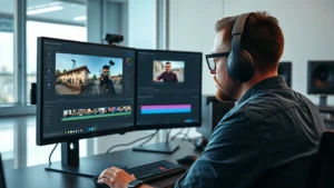 Professional video editor working at computer with Premiere Pro interface visible on dual monitors showing timeline and video preview window with aspect ratio adjustment controls, modern editing suite with equipment