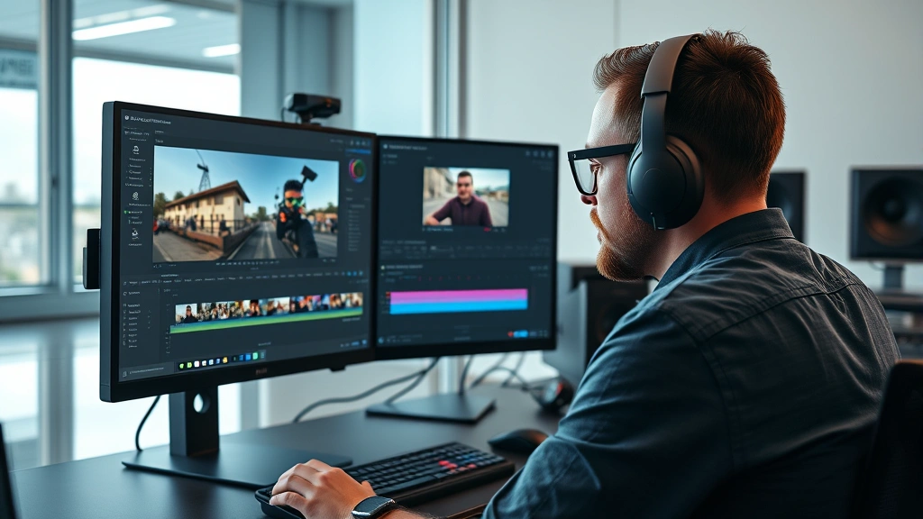 Professional video editor working at computer with Premiere Pro interface visible on dual monitors showing timeline and video preview window with aspect ratio adjustment controls, modern editing suite with equipment