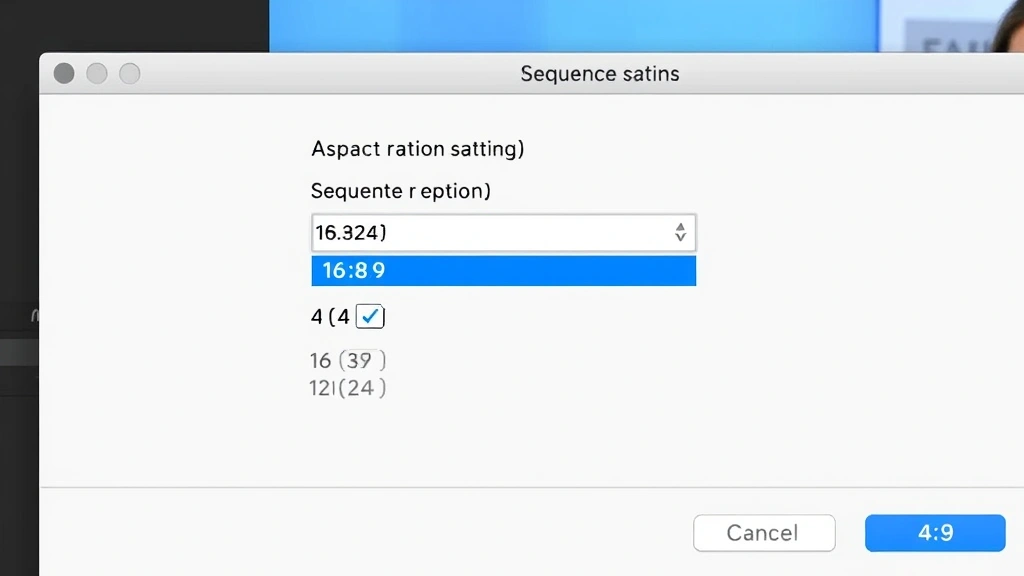 Close-up of Adobe Premiere Pro sequence settings dialog box with aspect ratio dropdown menu and frame size options displayed, clean interface showing 16:9 and 4:3 format selections