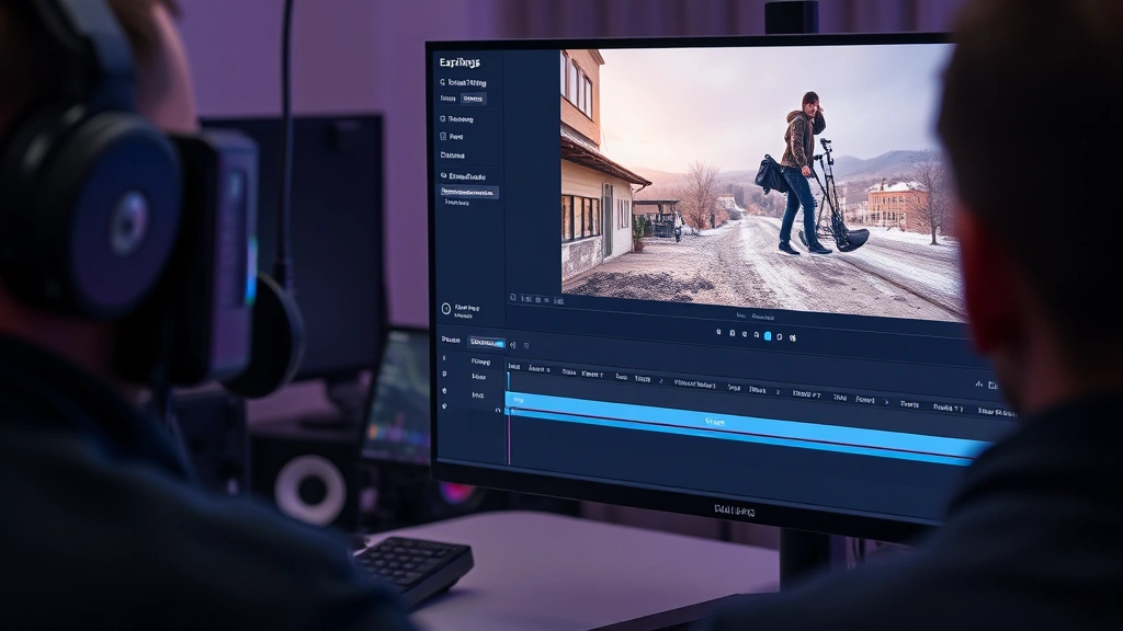 Video editor reviewing export settings dialog in Premiere Pro with frame size and resolution fields visible, professional studio environment with color-calibrated monitor displaying video content