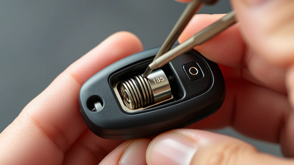 Close-up of hands using flathead screwdriver to open a black key fob along the seam, showing the metal contact springs and battery compartment inside