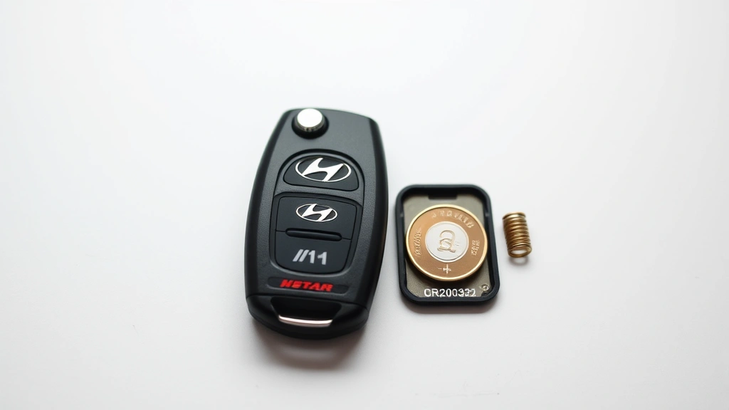 Hyundai key fob disassembled into two halves with CR2032 coin-cell battery positioned next to the open compartment, metal springs visible, professional automotive workspace