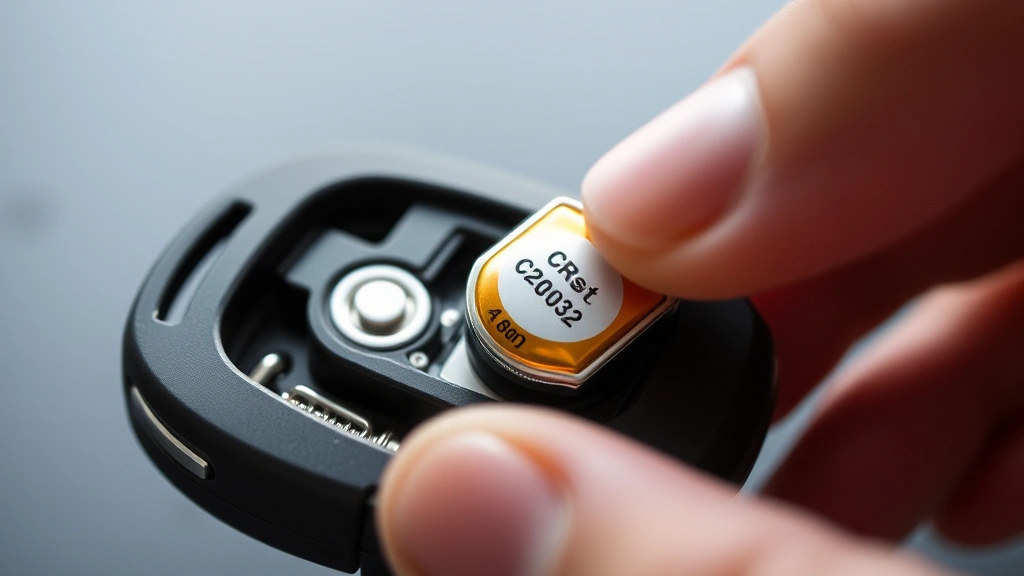 Fresh CR2032 battery being inserted into key fob battery compartment with positive side facing up, metal contact springs pressing against battery, hands in focus