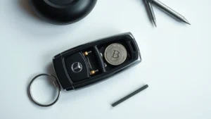 Close-up overhead view of open Mercedes key fob showing battery compartment with coin cell battery visible, clean workspace with small tools nearby, professional automotive lighting