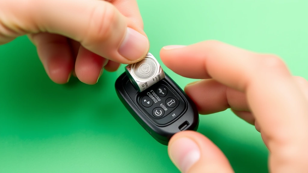 Hands carefully inserting new CR2032 lithium battery into key fob compartment with positive side facing upward, showing proper polarity installation, clear focus on battery contact points