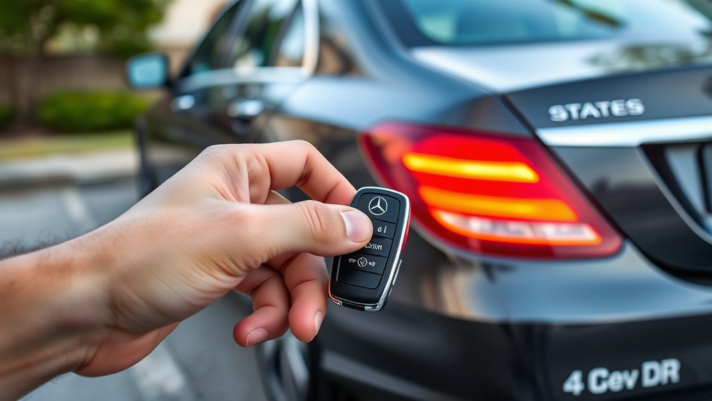 Freshly reassembled Mercedes key fob being tested with hand pressing lock button near parked luxury sedan, vehicle lights illuminating in response, daylight outdoor setting