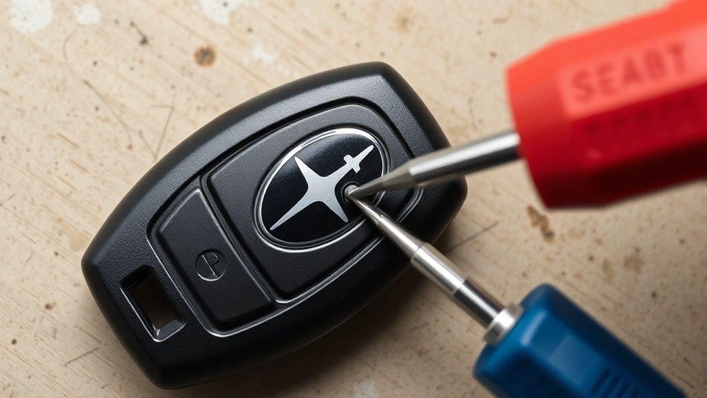 Close-up overhead shot of a Subaru key fob with visible seam line, flathead screwdriver positioned at seam entry point, clean workbench background, professional lighting showing detail