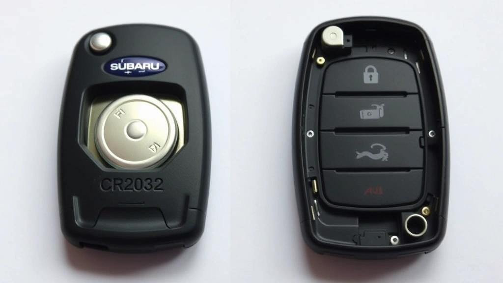 Split-view image showing separated Subaru key fob halves with exposed CR2032 battery visible in compartment, battery orientation clearly shown, clean internal components visible
