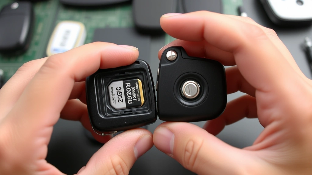 Hands carefully inserting fresh CR2032 battery into key fob compartment with correct positive terminal orientation, battery holder visible, reassembly beginning with two fob halves aligned