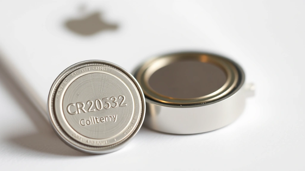 Close-up macro photography of a CR2032 coin cell battery positioned next to an Apple AirTag showing the battery compartment opening, natural studio lighting, white background, shallow depth of field