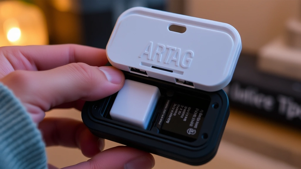 Hands-on demonstration of opening an AirTag battery compartment with thumb applying gentle pressure to the notched area, showing the white plastic cover being lifted away, warm indoor lighting
