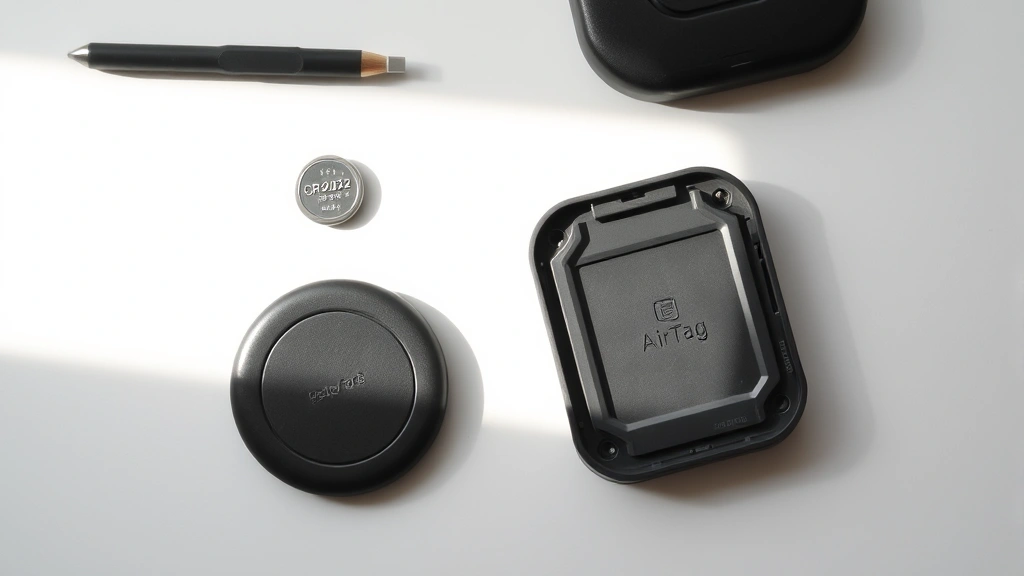 Overhead view of a workspace with an AirTag, new CR2032 battery, and the removed back cover arranged neatly on a clean light surface, showing proper organization for battery replacement task