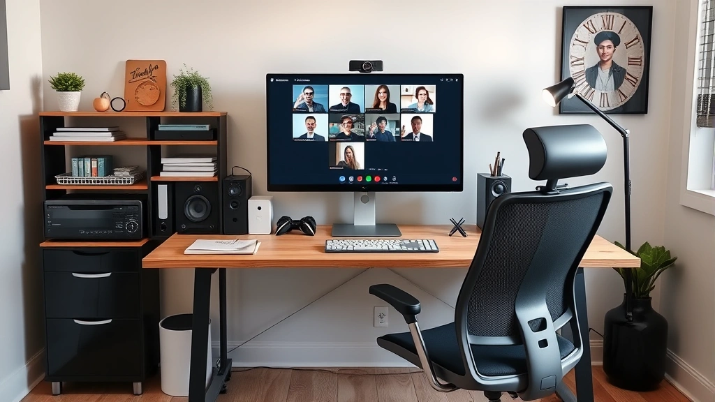 Professional home office setup with organized desk, computer monitor, ergonomic chair, and neutral background showing proper video call lighting and camera positioning for Teams meetings