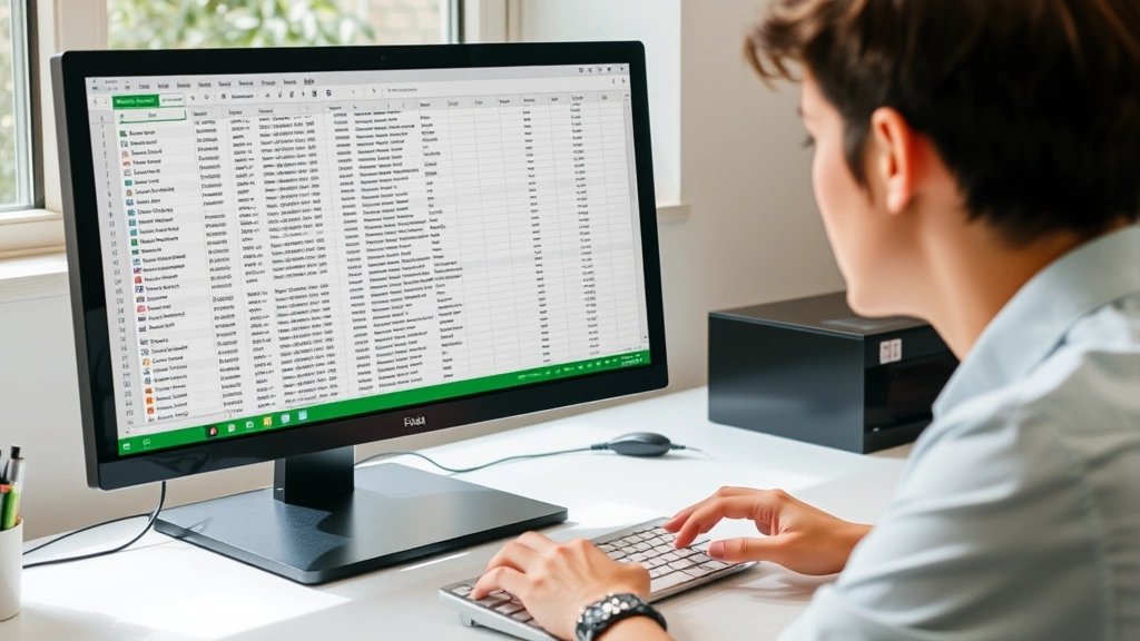 Person working at desk with Excel open on monitor, using keyboard and mouse, multiple columns of text visible, focused work environment with natural lighting