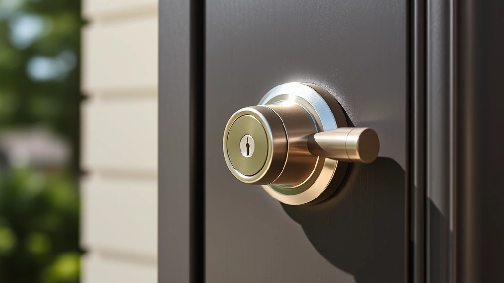 Close-up of a Schlage Encode smart deadbolt mounted on a modern entry door, showing the lock face and handle, daylight natural setting