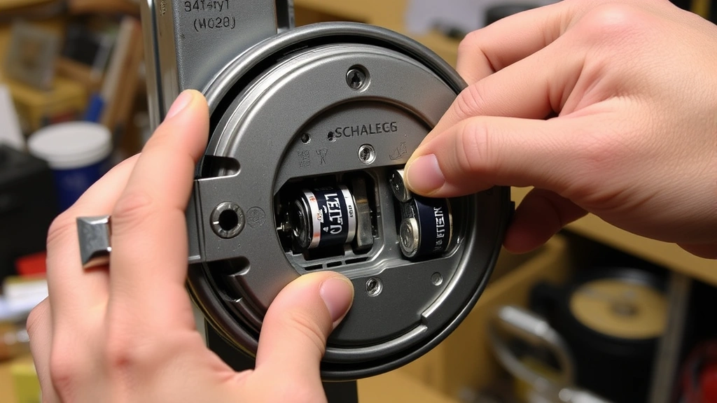 Interior view of a Schlage lock mechanism with battery compartment open, hands inserting fresh AA batteries, clear and well-lit workshop environment