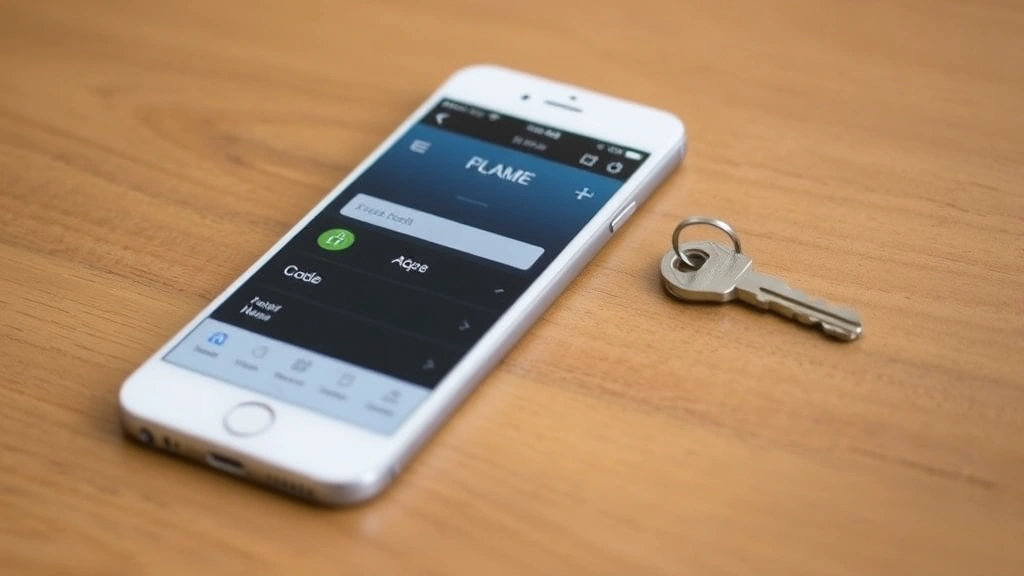 Smartphone displaying the Schlage Home app interface with access code management menu visible, sitting on a wooden table next to a house key