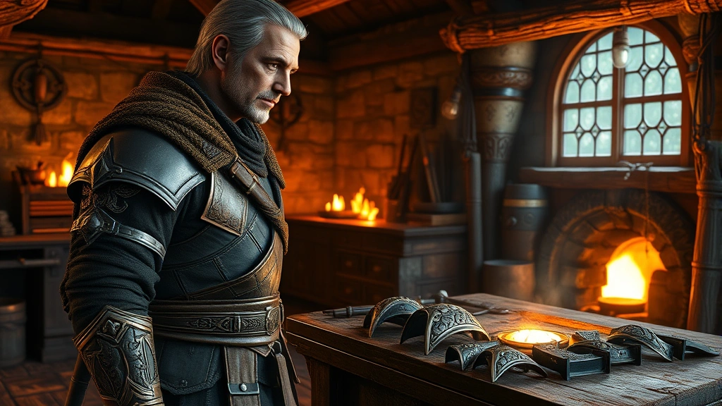 Photorealistic close-up of an ESO character standing at a blacksmithing crafting station with glowing forge fires in background, companion armor pieces displayed on workbench, warm orange lighting
