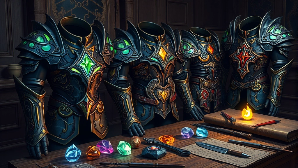Photorealistic detailed view of fantasy armor pieces with glowing trait enchantments, displayed on wooden crafting table with various colored trait stones and crafting tools nearby