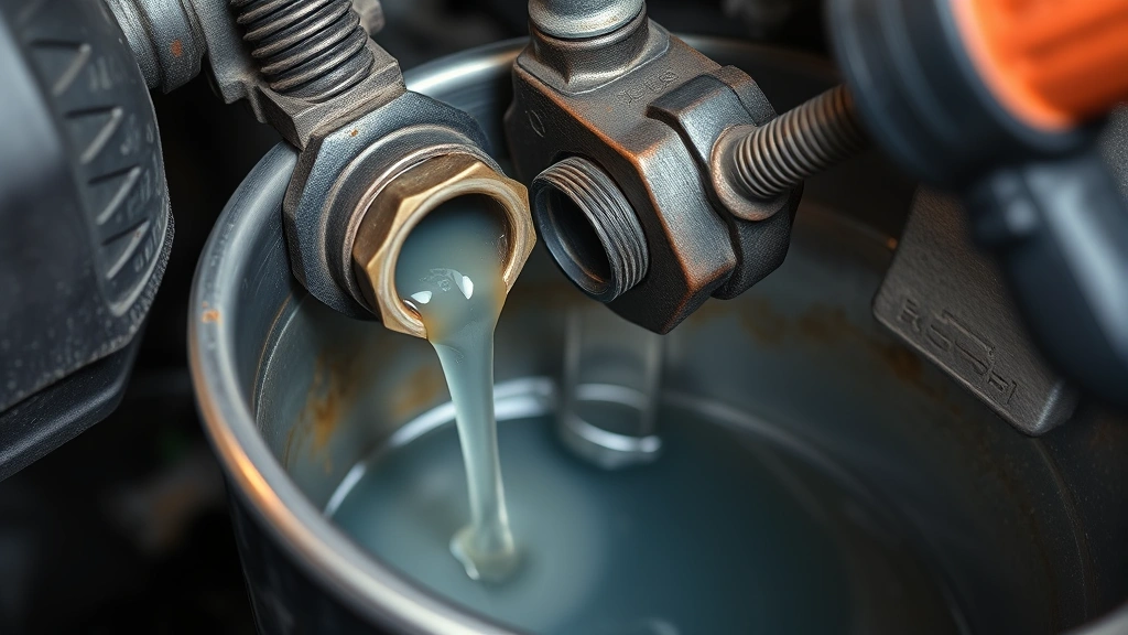 Close-up of mechanic draining old coolant from radiator drain plug into a metal pan, showing clear fluid flow and proper tool positioning