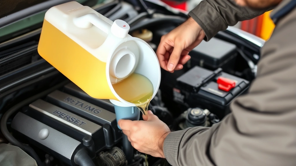 Mechanic pouring fresh coolant through a funnel into the radiator opening with engine compartment visible, demonstrating careful filling technique