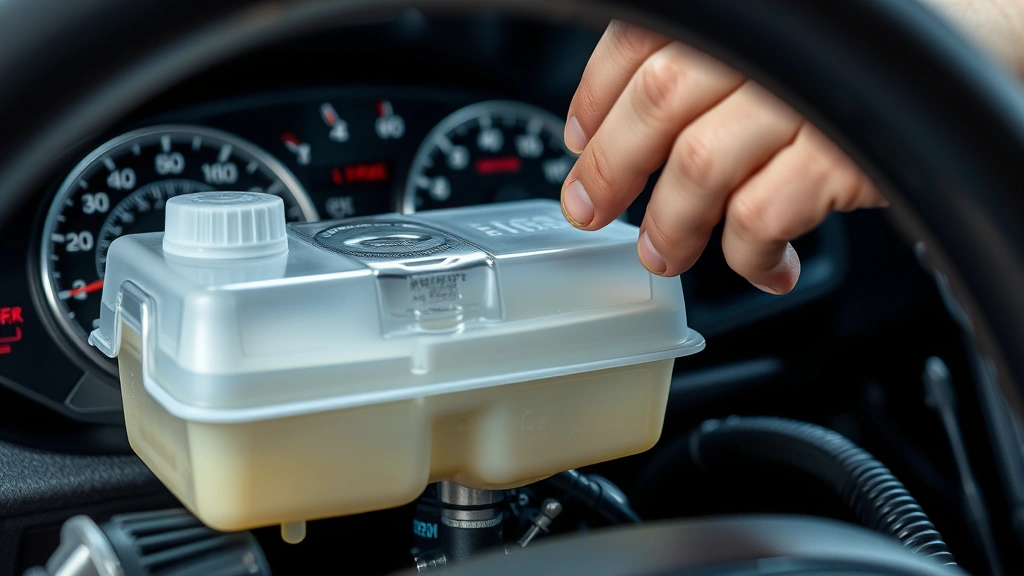 Technician checking coolant level in overflow reservoir tank with temperature gauge visible on dashboard in background, showing verification process