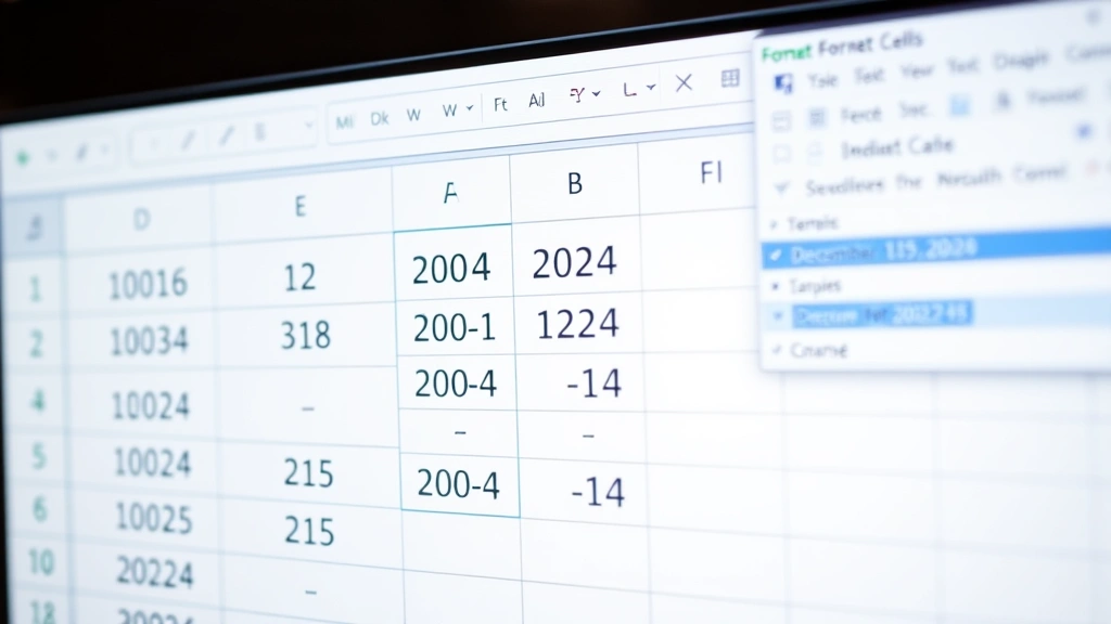 Close-up of computer monitor displaying Excel spreadsheet with multiple date format examples in different cells, showing dates like 12/15/2024, December 15 2024, and 2024-12-15, with the Format Cells dialog box open in background