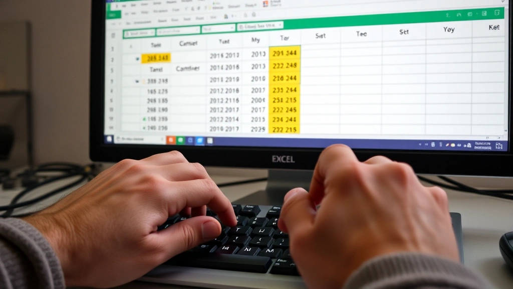 Hands typing on keyboard in front of desktop computer showing Excel workbook with date data highlighted in multiple columns, demonstrating the process of selecting and formatting date cells