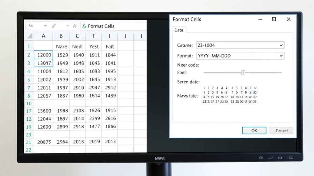 Split-screen view on monitor showing Excel spreadsheet on left with date values and Format Cells dialog window on right, displaying custom date format code entry field with YYYY-MM-DD format visible