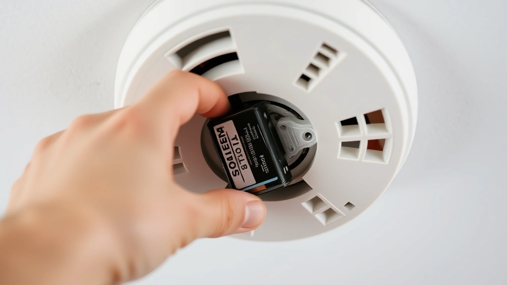 Close-up of a person's hand installing a 9-volt battery into a white ceiling-mounted smoke detector, showing proper battery orientation and compartment access on residential fire alarm