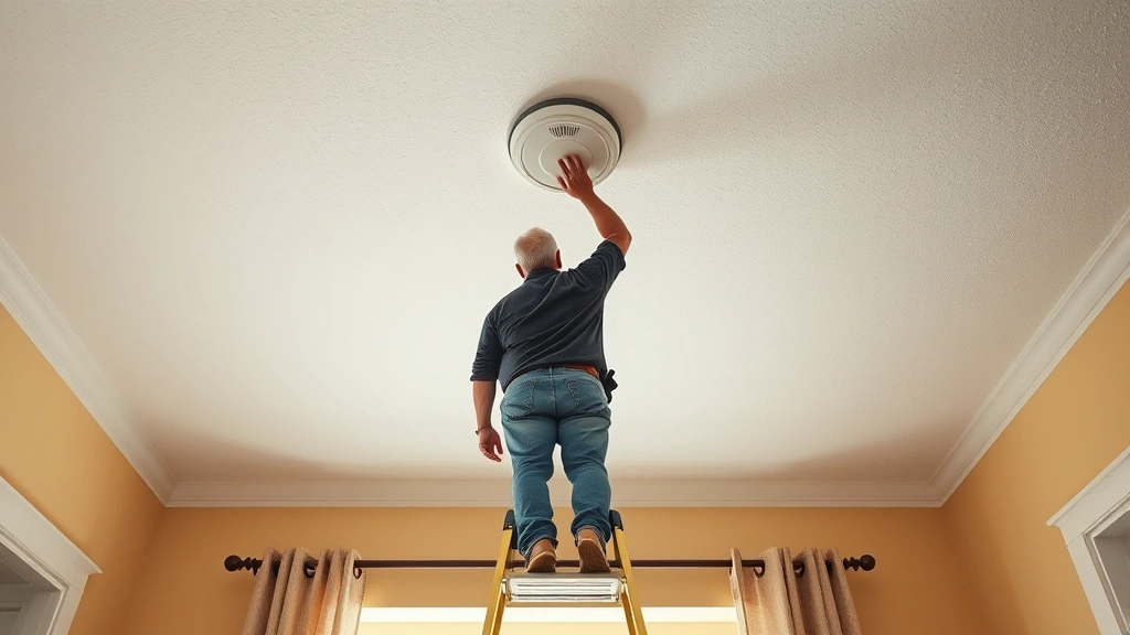 Wide shot of a homeowner standing safely on a stable step ladder beneath a white fire alarm detector mounted on a popcorn ceiling, with clear sightlines and proper positioning