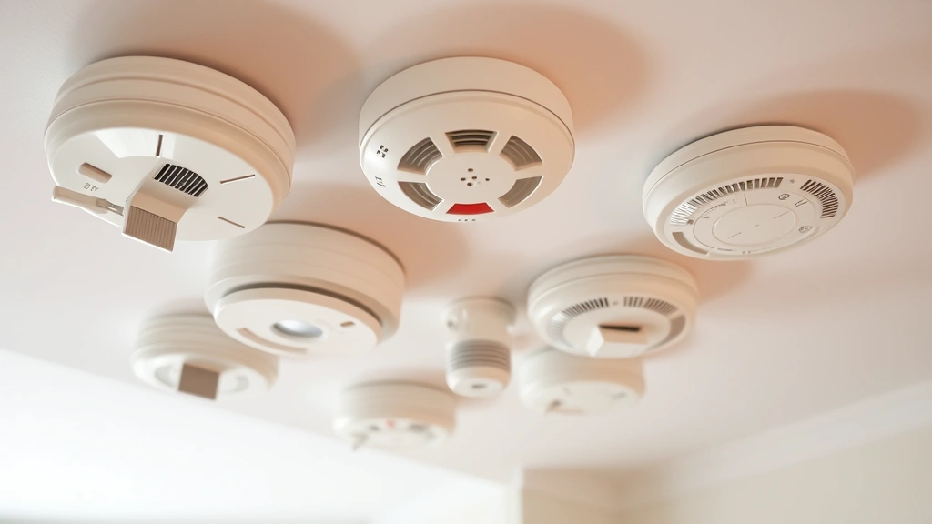 Detailed view of multiple residential fire alarm detectors mounted on a white ceiling of a home interior, showing various detector types and their placement in a residential setting