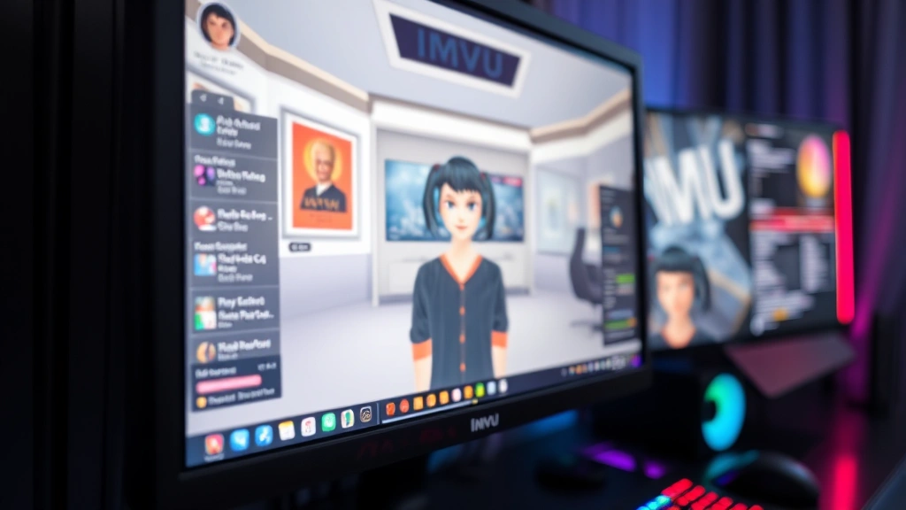 Close-up of computer monitor displaying IMVU game interface with character avatar in virtual room, RGB lighting visible on desk setup, professional gaming PC build