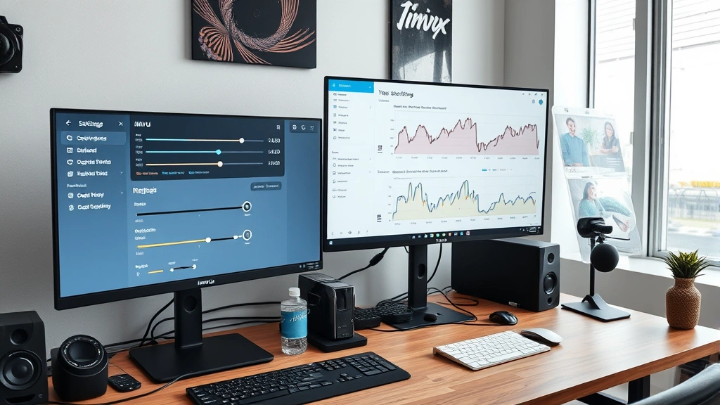Wide angle of organized tech workspace with dual monitors, one showing IMVU settings menu with graphics sliders, other displaying performance monitoring software graphs