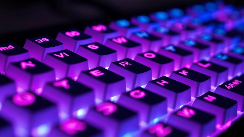 Close-up of mechanical keyboard with vibrant RGB lighting illuminating individual switches in blue, purple, and pink colors, professional photography with shallow depth of field highlighting the LED details beneath translucent keycaps