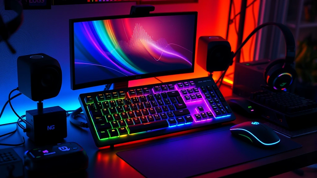 Gaming desk setup with full RGB keyboard displaying rainbow gradient lighting effect, surrounding area showing coordinated lighting on mouse and headset, warm ambient lighting in background creating professional gaming environment