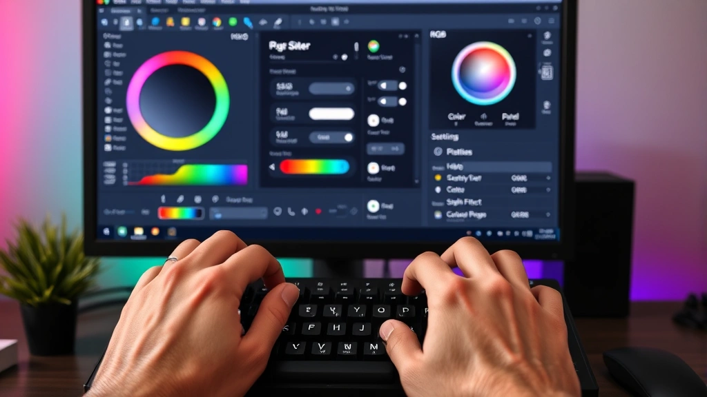 Hands adjusting keyboard RGB settings on computer monitor displaying color picker interface and lighting control software, showing the software customization process with visible RGB palette and effect options